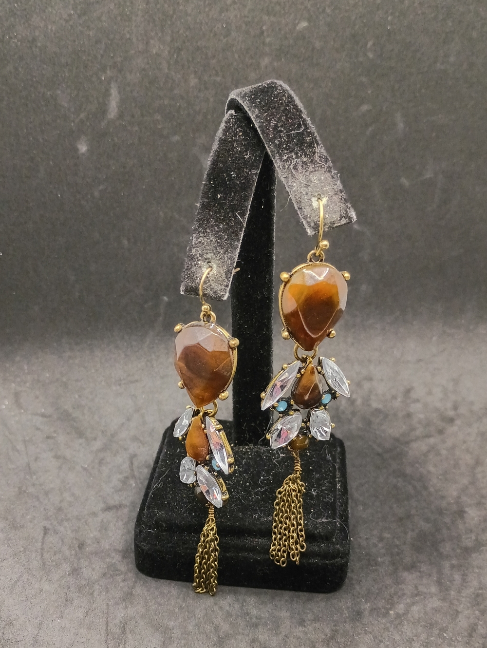 Gold-Tone Brown Gem Drop Earrings with Crystal Accents